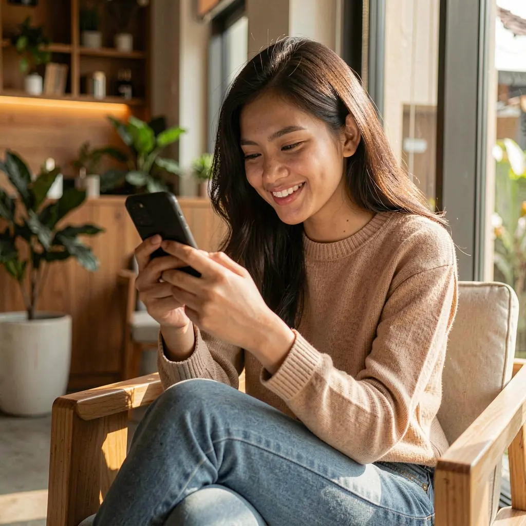 Beautiful Indonesian woman relaxing in a modern cafe while browsing the WP88 casino app on her smartphone with natural lighting and a warm atmosphere