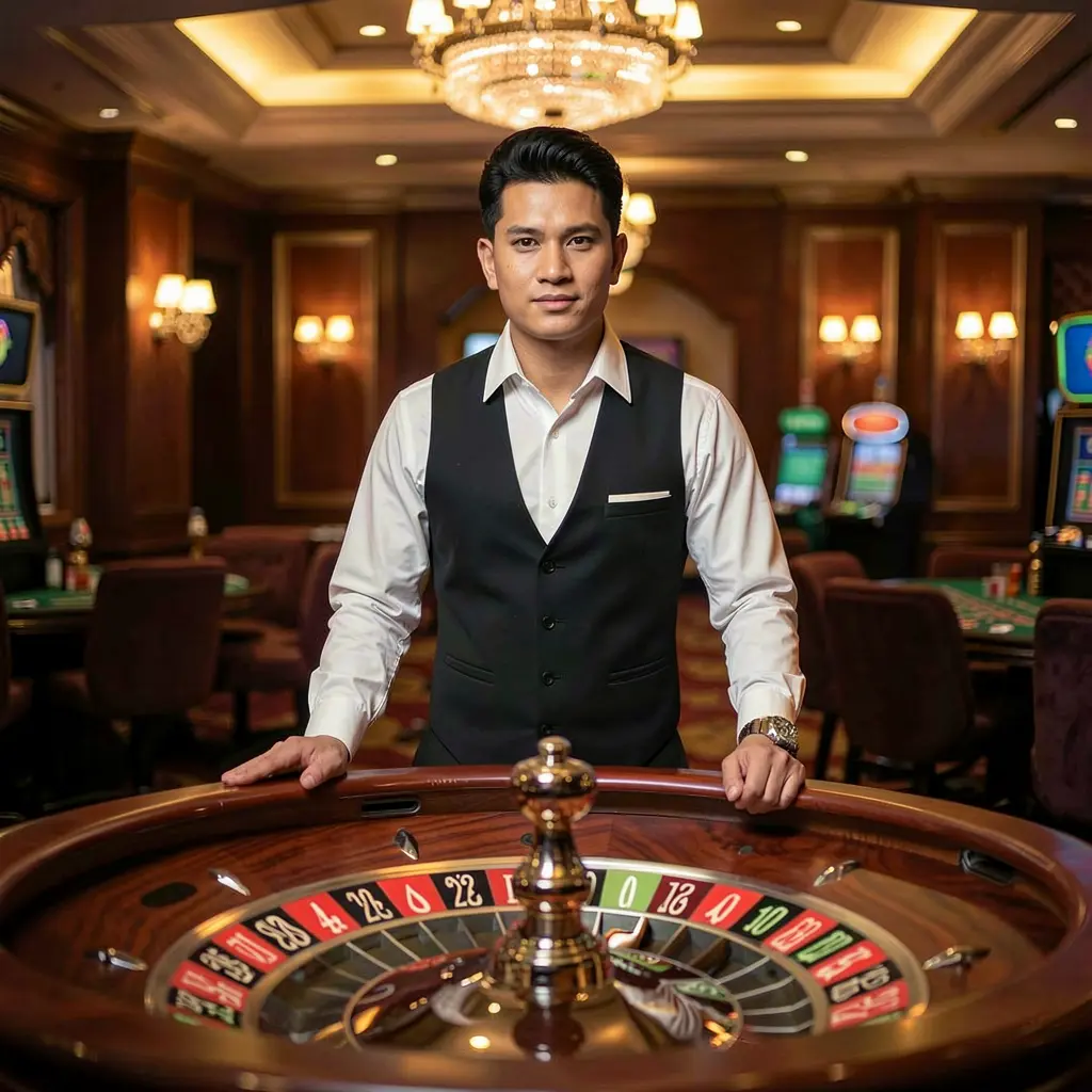 Stylish live casino dealer standing at a glowing roulette table in a luxury casino atmosphere showcasing the premium live gaming experience at WP88 Indonesia